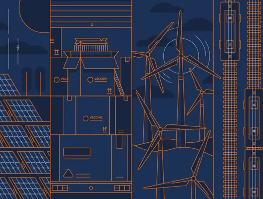 Orange and blue line drawing of key markets