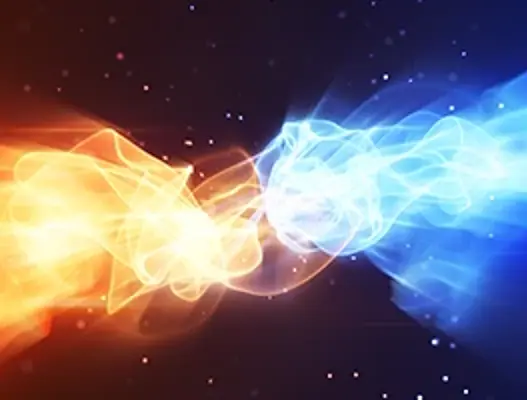 Abstract representation of heat and cold colliding from each side of a circular molecule